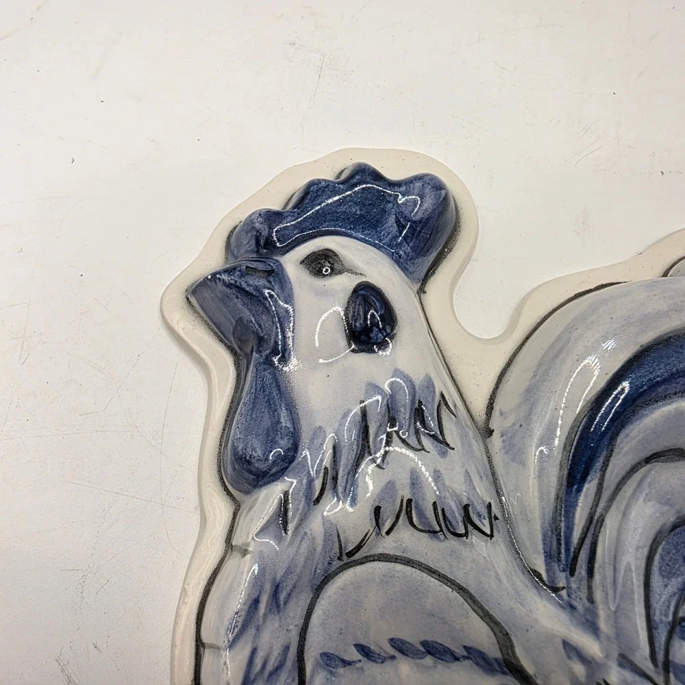 Joni 15 Handcrafted Ceramic Rooster Dual Spoon Rest Blue White Farmhouse Decor